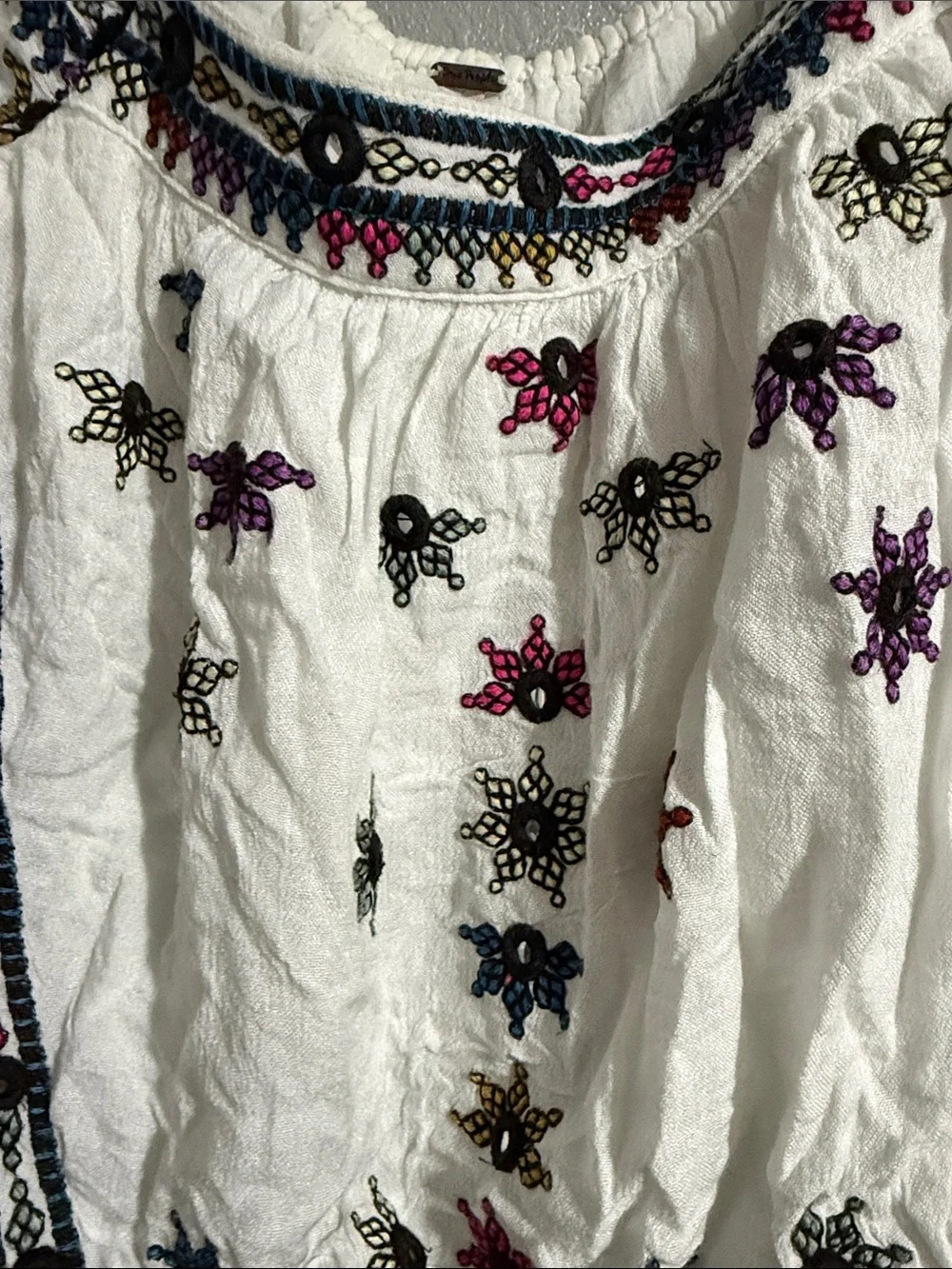 Free People White Embroidered Boho Scoop Neck Top